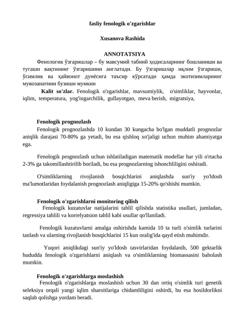 fasliy fenologik o'zgarishlar