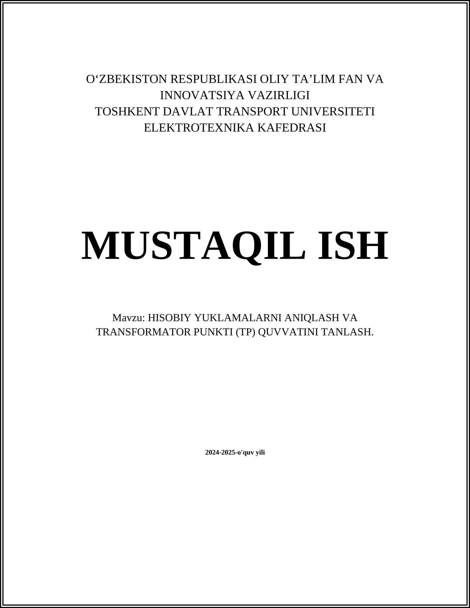 HISOBIY YUKLAMALARNI ANIQLASH VA TRANSFORMATOR PUNKTI (TP) QUVVATINI TANLASH