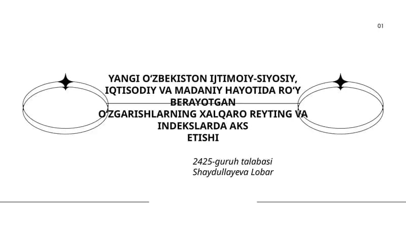 OʻZBEKISTON IJTIMOIY-SIYOSIY,IQTISODIY VA MADANIY HAYOTIDA ROʻY BERAYOTGAN OʻZGARISHLARNING XALQARO REYTING VA INDEKSLARDA AKS ETISHI 2425-guruh talabasi