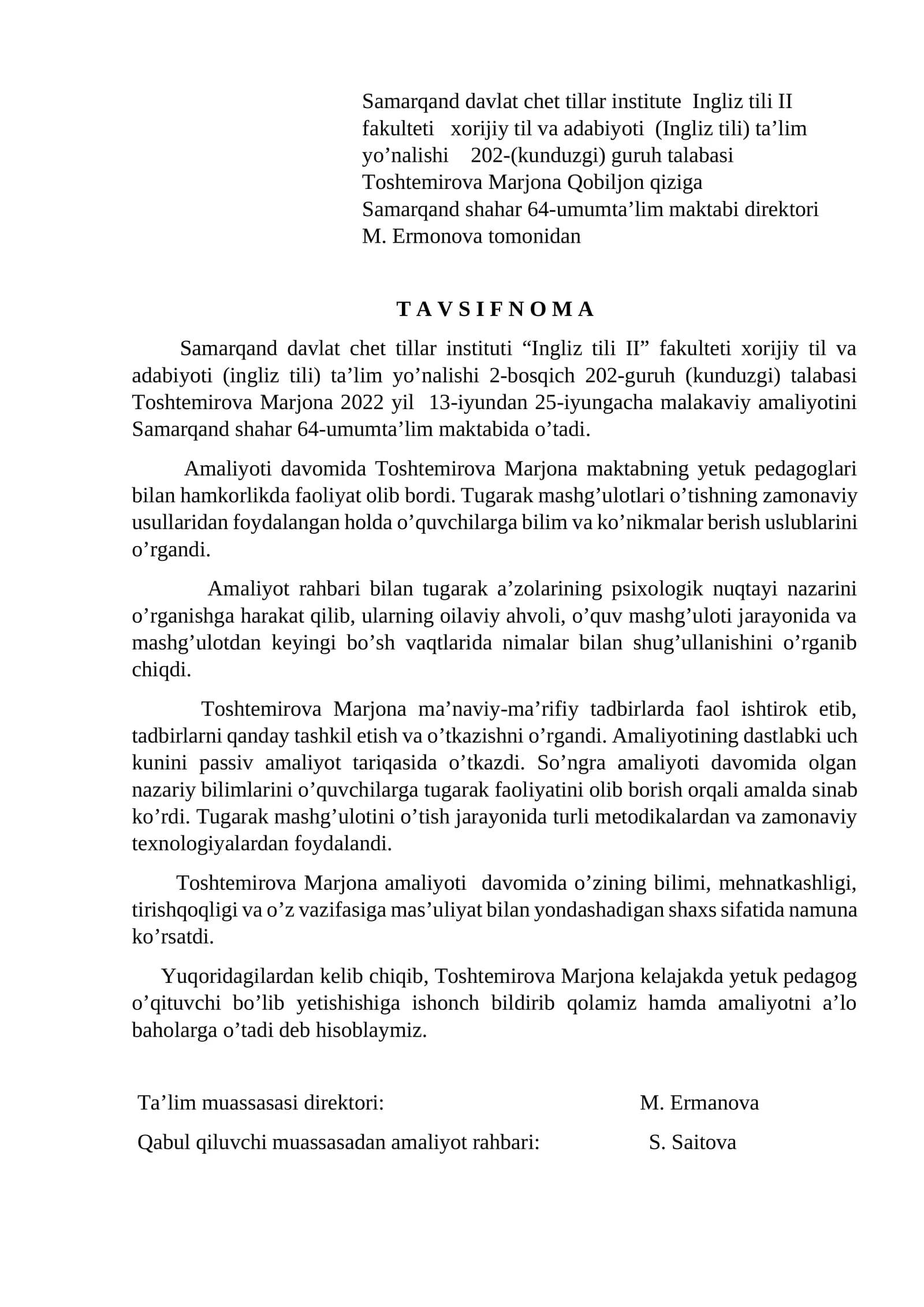 Samarqand davlat chet tillar instituti "Ingliz tili II" fakulteti xorijiy til va adabiyoti (ingliz tili) ta'lim yo'nalishi 2-bosqich 202-guruh