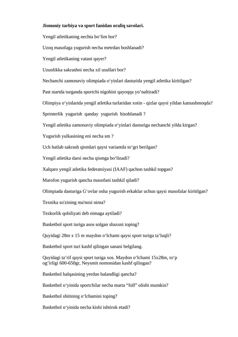 Jismoniy tarbiya va sport fanidan oraliq savolari