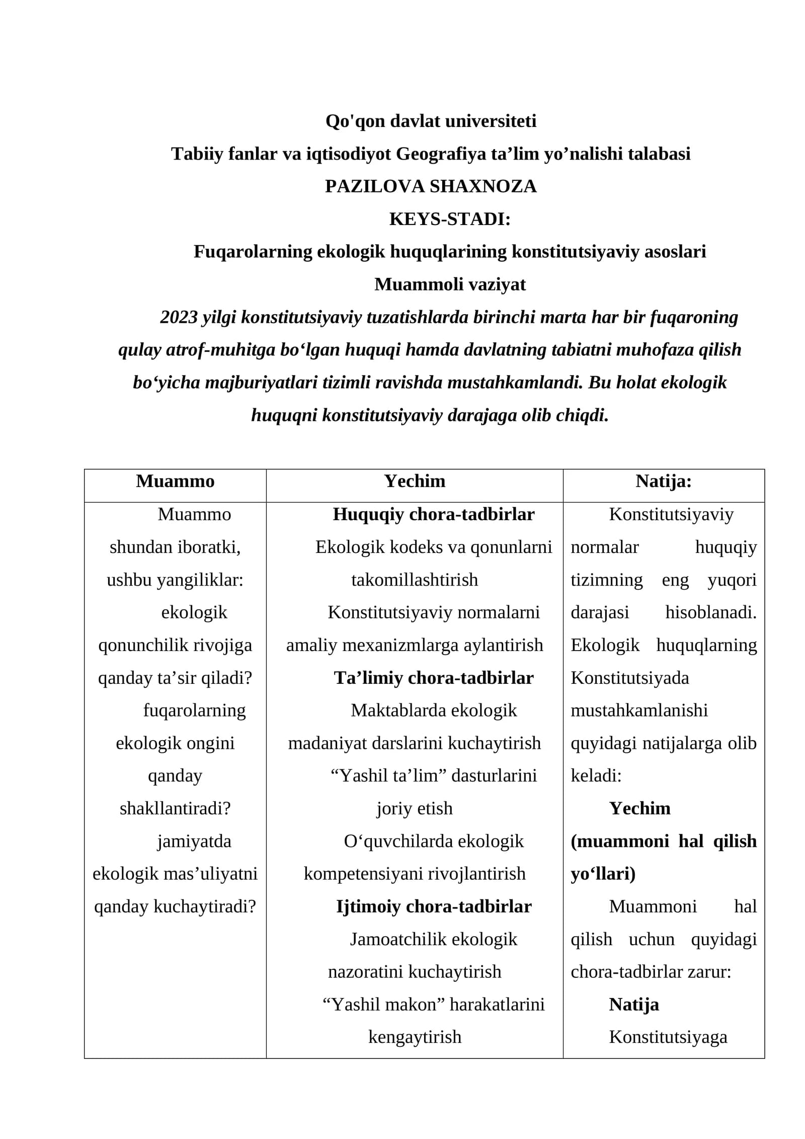 Fuqarolarning ekologik huquqlarining konstitutsiyaviy asoslari