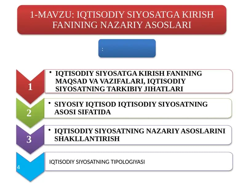 IQTISODIY SIYOSATGA KIRISHFANININGMAQSAD VA VAZIFALARI, IQTISODIY SIYOSATNING TARKIBIY JIHATLARI