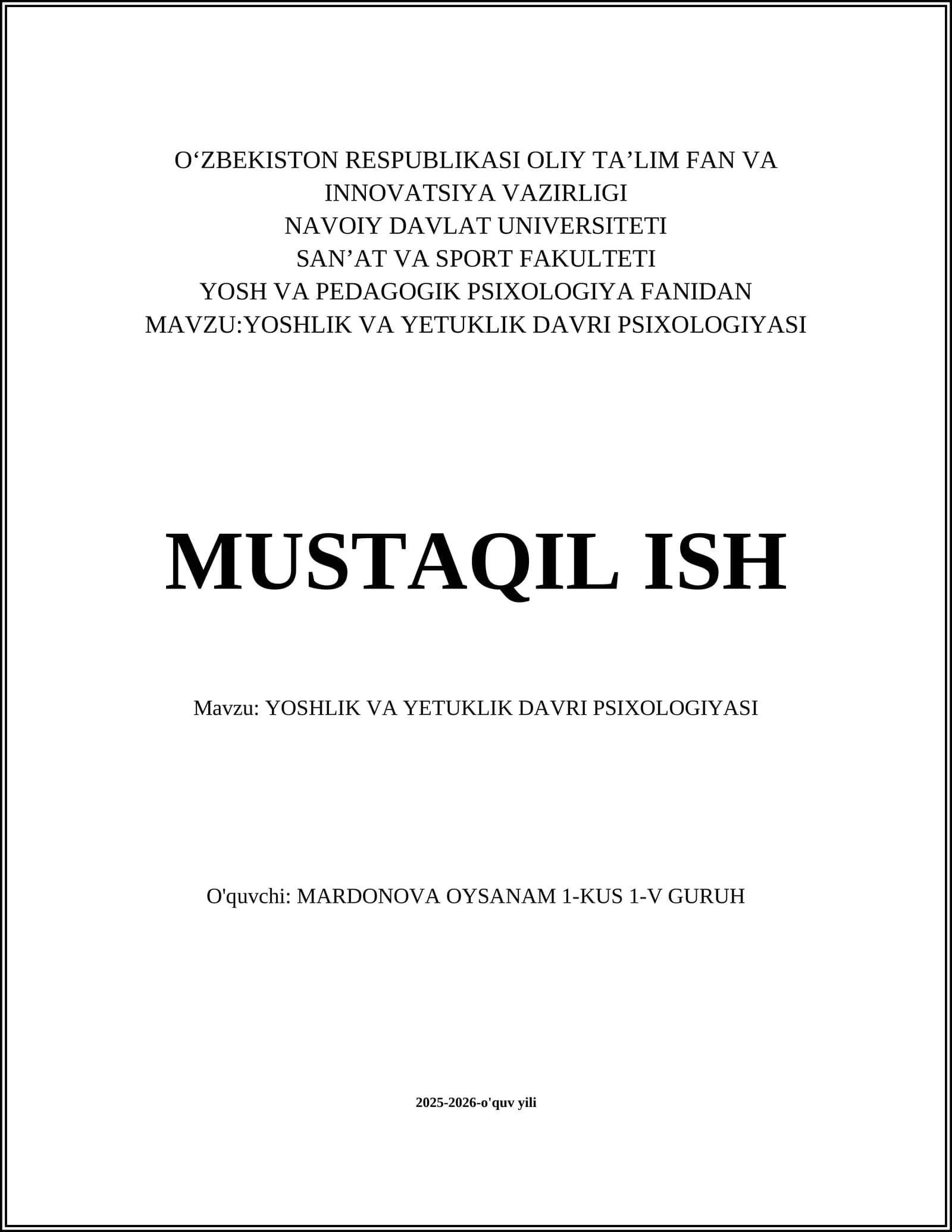YOSHLIK VA YETUKLIK DAVRI PSIXOLOGIYASI