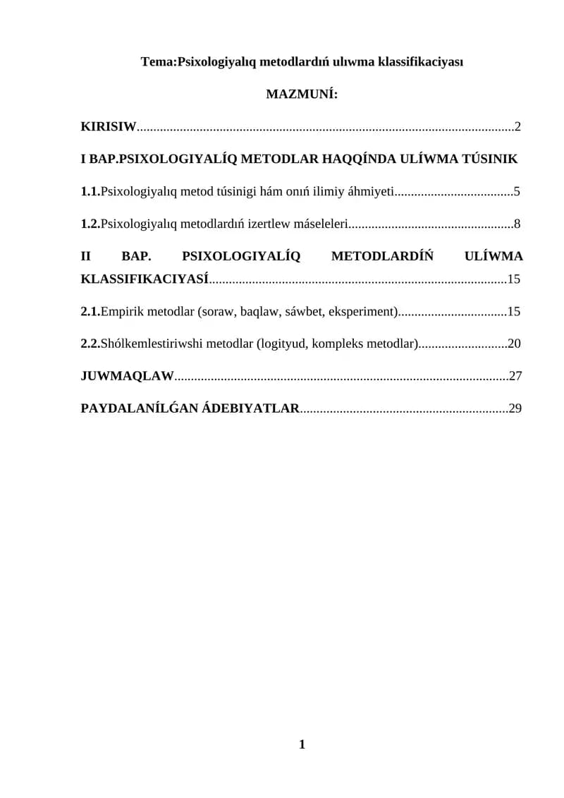 KURS JUMISI PSIXOLOGIYALIQ METODLARDIŃ ULIWMA KLASSIFIKACIYASI