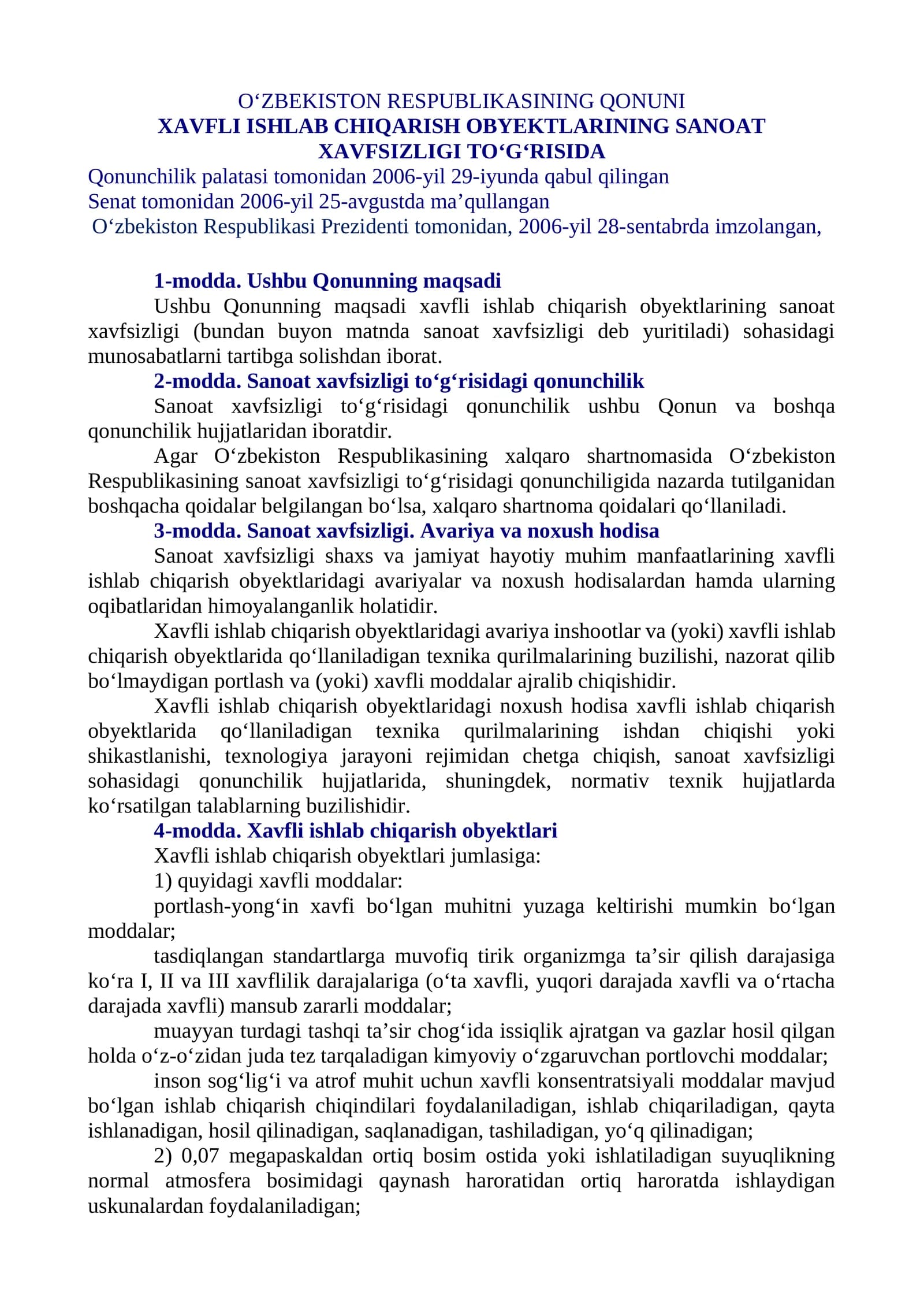 Xavfli ishlab chiqarish obyektlarining sanoat xavfsizligi to'g'risida Qonunchilik