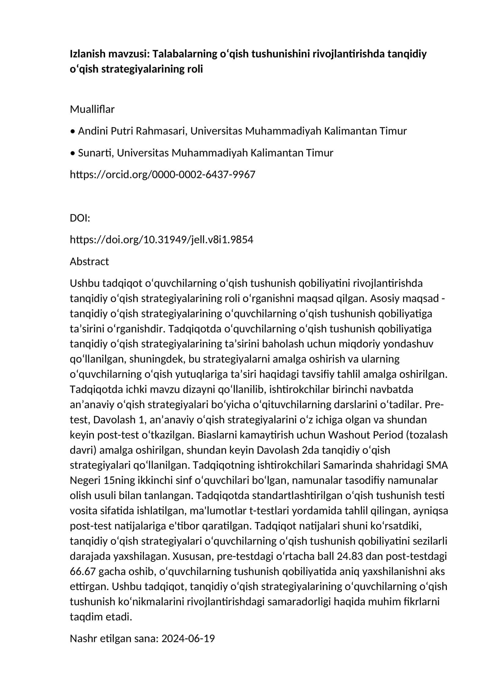 Tanqidiy o‘qish strategiyalarining roli