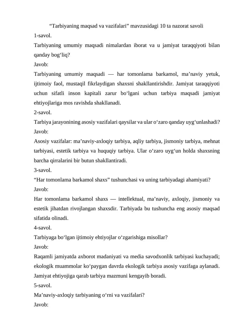 Tarbiyaning maqsad va vazifalari