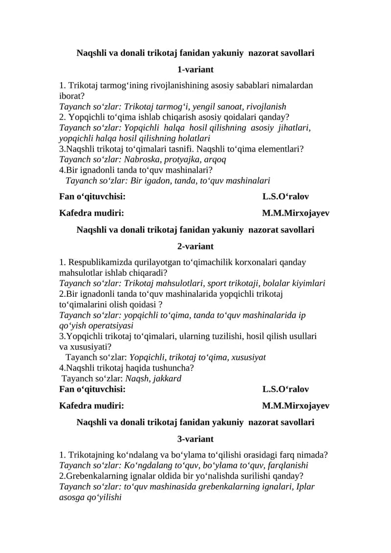 Naqshli va donali trikotaj fanidan yakuniy nazorat savollari