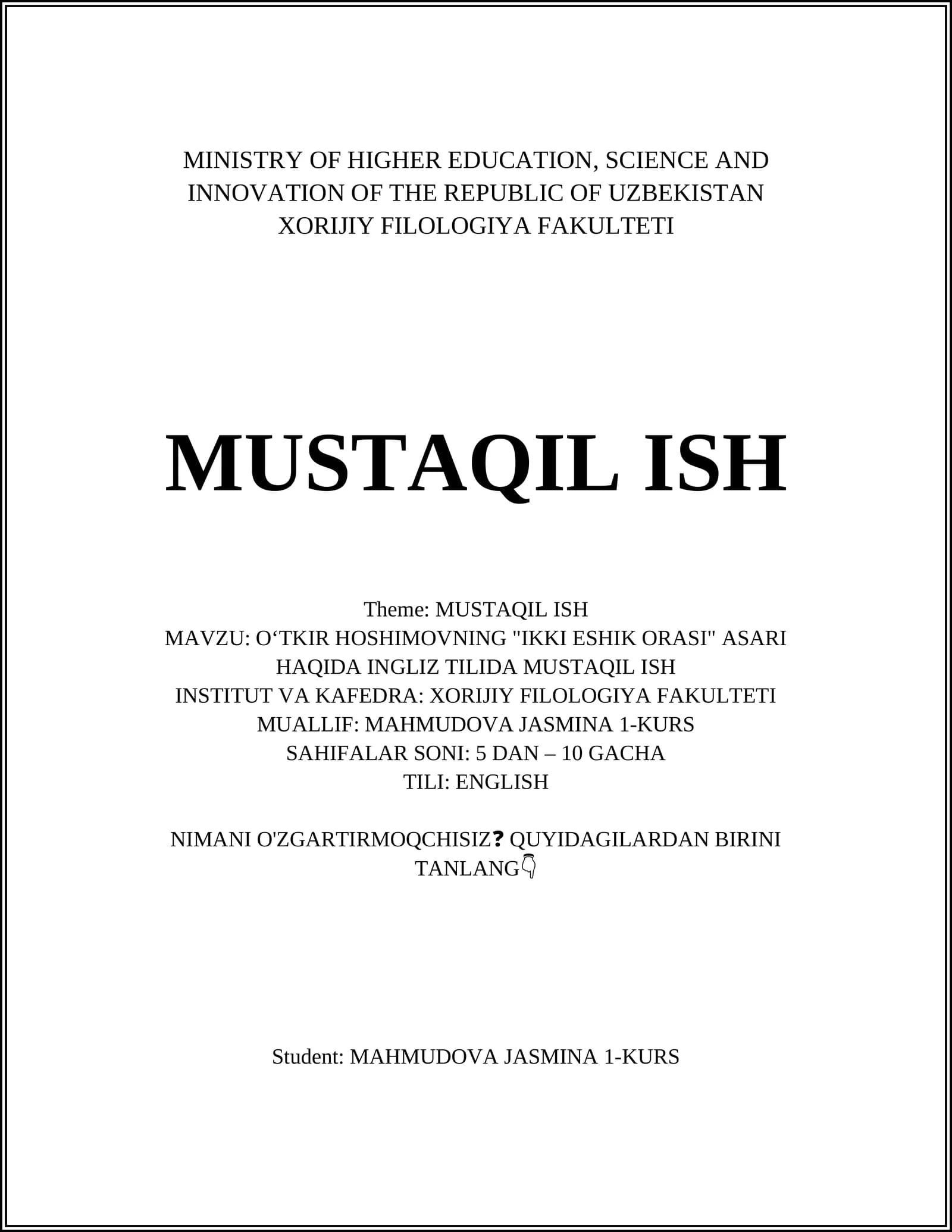 Oʻtkir Hoshimovning "Ikki Eshik Orasi" asari haqida ingliz tilida mustaqil ish