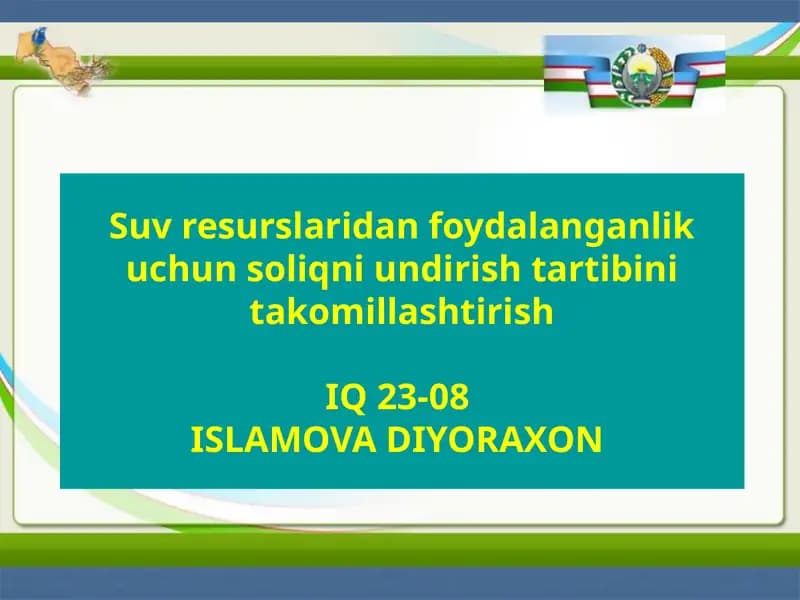 Suvresurslaridan foydalanganlik uchun soliqni undirish tartibi va takomillashtirish