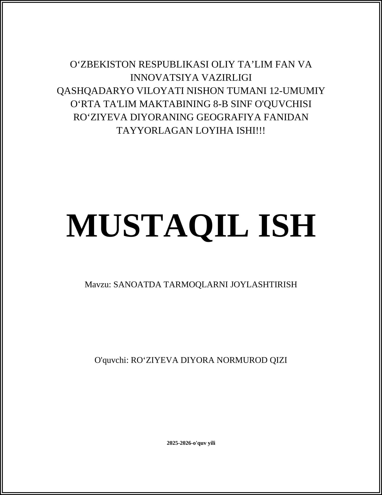 Sanoatda Tarmoqlarni Joylashtirishning Nazariy Asoslari