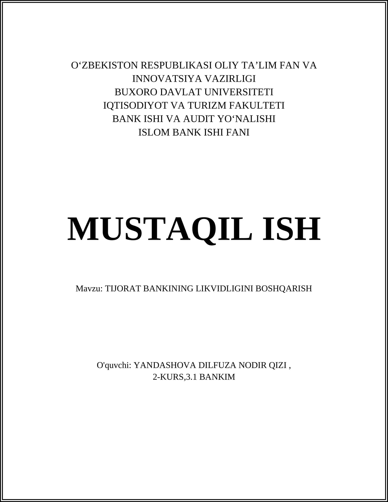 TIJORAT BANKINING LIKVIDLIGINI BOSHQARISH