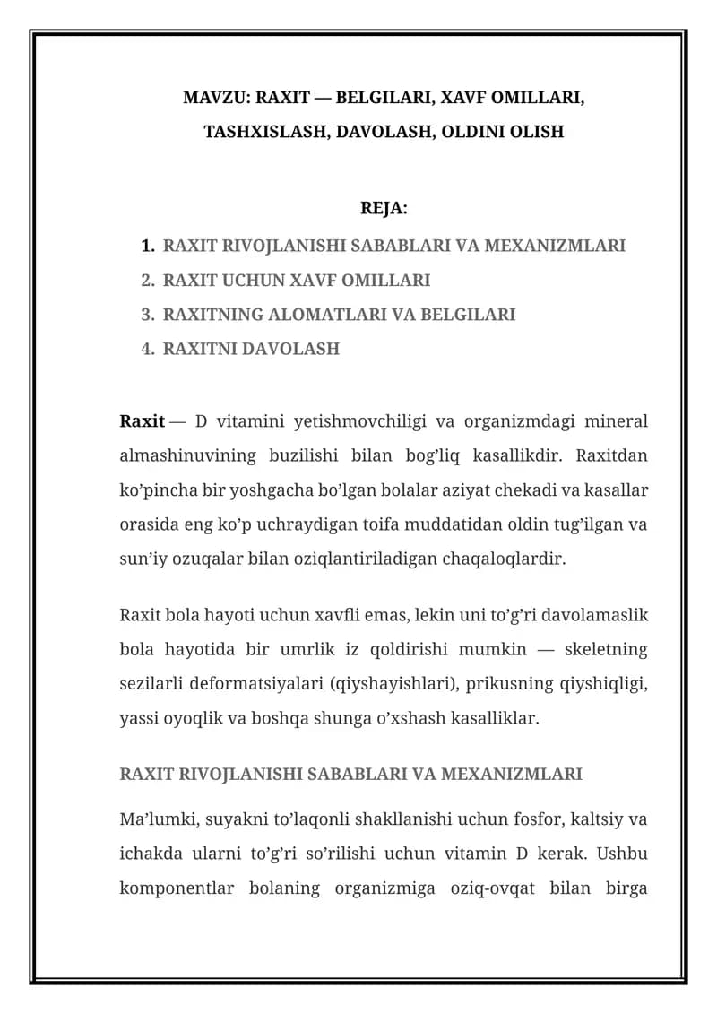 RAXIT — BELGILARI, XAVF OMILLARI, TASHXISLASH, DAVOLASH, OLDINI OLISH