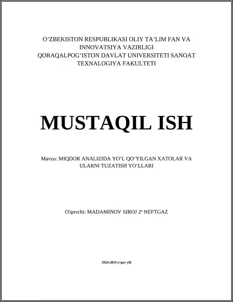 MIQDOR ANALIZIDA YO‘L QOʻYILGAN XATOLAR VA ULARNI TUZATISH YOʻLLARI