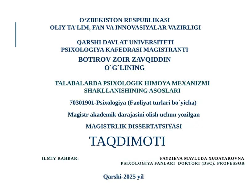 TALABALARDA PSIXOLOGIK HIMOYA MEXANIZMI SHAKLLANISHINING ASOSLARI