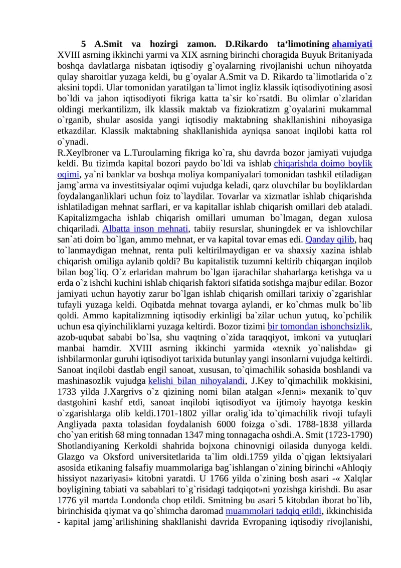 A.Smit va hozirgi zamon. D.Rikardo taʻlimotiningahamiyati