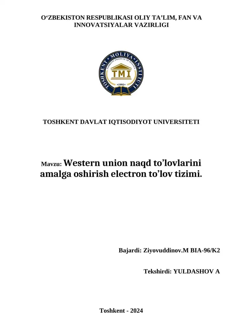 Western Union naqd to’lovlarini amalga oshirish electron to’lov tizimi