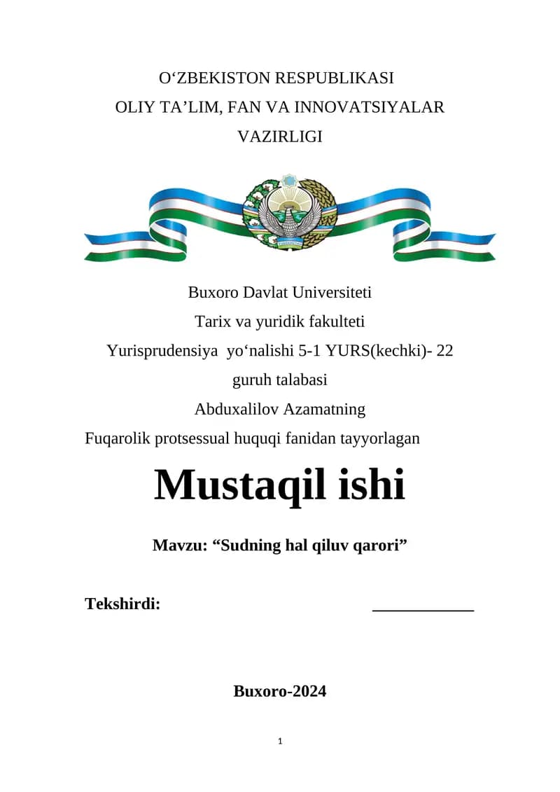 Abduxalilov Azamatning Fuqarolik Protessual Huquqi Fanidan Tayyorlagan Mustaqil Ishi