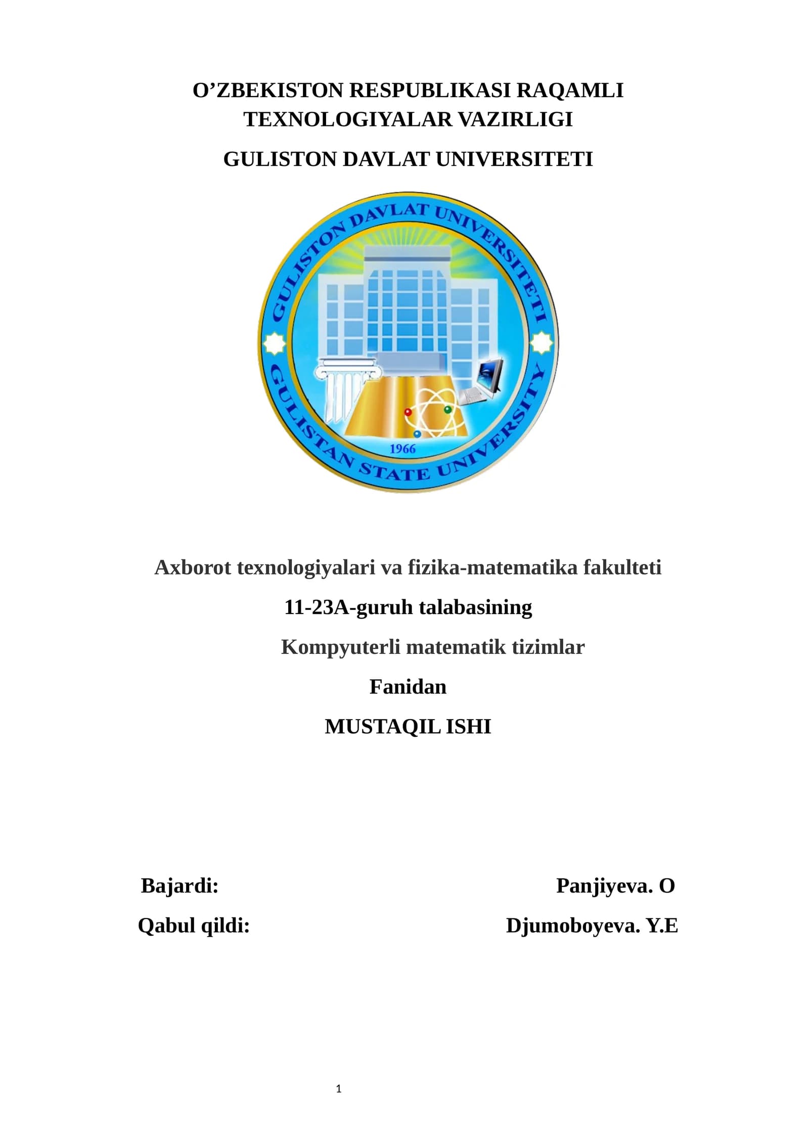 Kompyuterli matematik tizimlar Fanidan  Mathcad va SMath Solver dasturlarida misollar ishlash