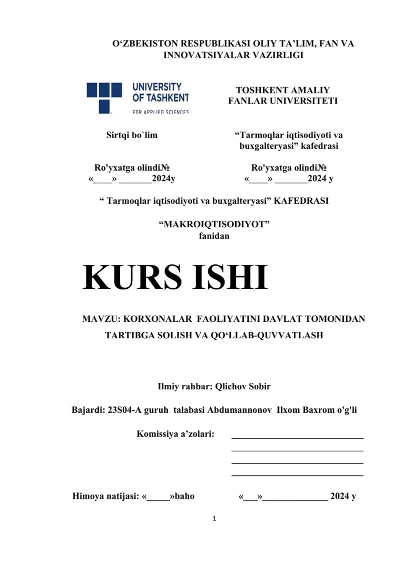 KORXONA FAOLIYATINI TARTIBGA SOLISH