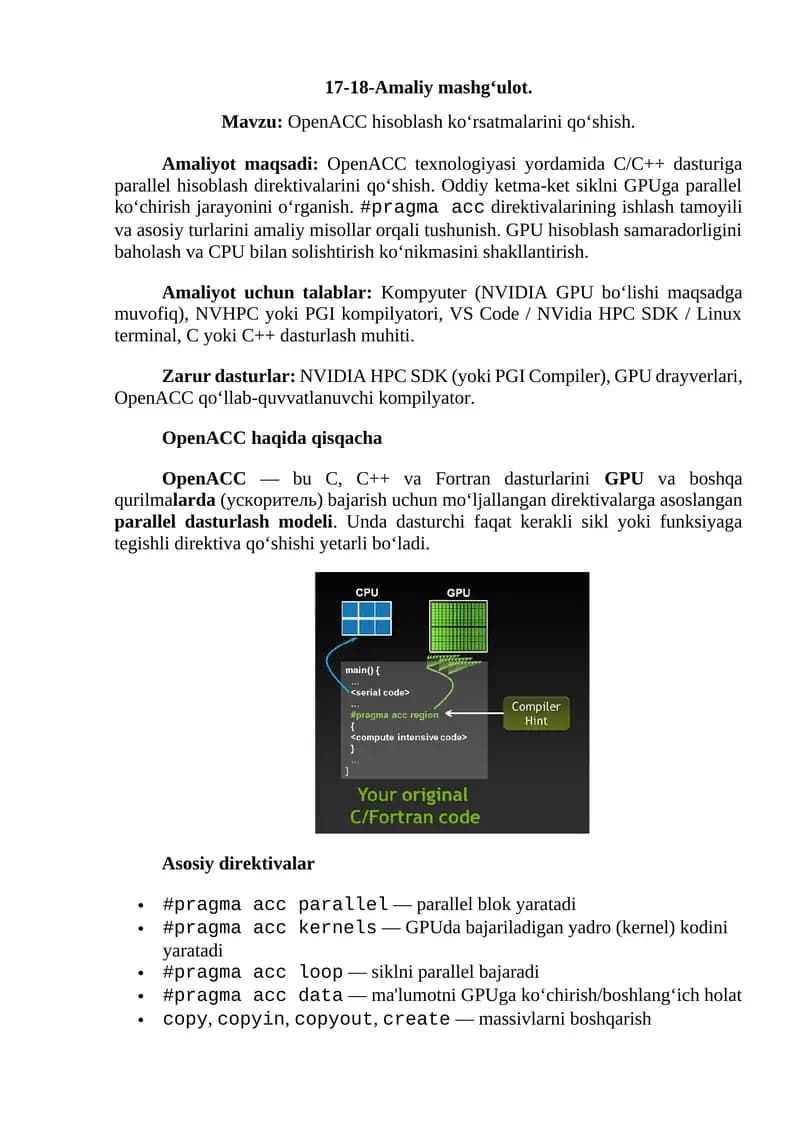 OpenACC hisoblash ko‘rsatmalarini qo‘shish