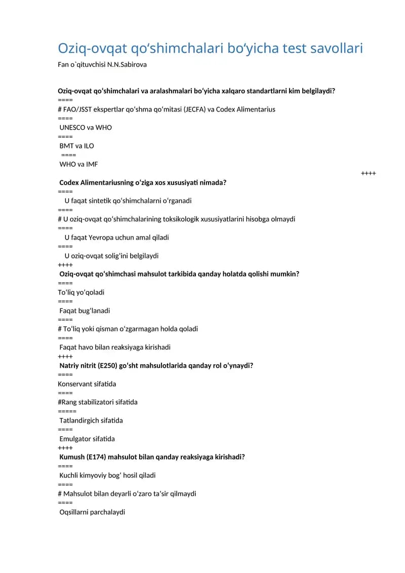 Oziq-ovqat qo‘shimchalari bo‘yicha test savollari