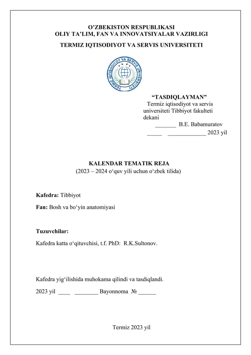 Kalendar tematik reja "Bosh va bo‘yin anatomiyasi"