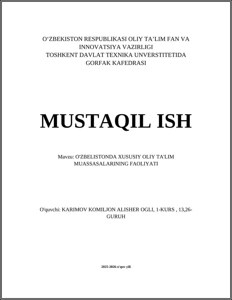 O'zbekistonda xususiy oliy ta'lim muassasalarining rivojlanishi
