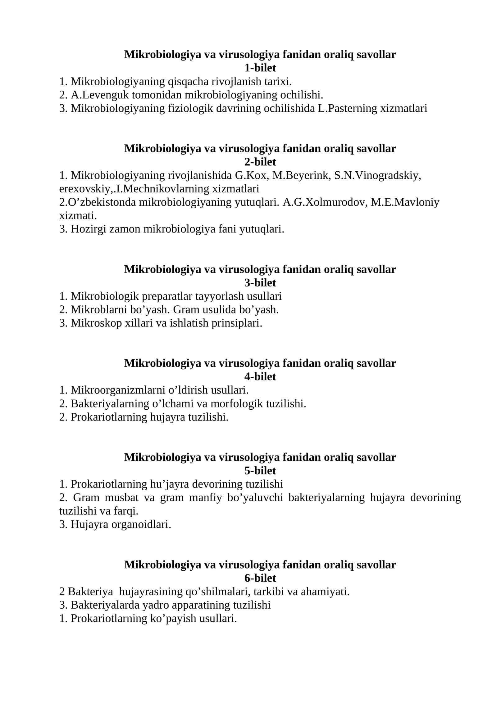 Mikrobiologiya va virusologiya fanidan oraliq savollar
