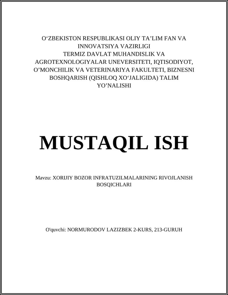 XORIJIY BOZOR INFRATUZILMALARINING RIVOJLANISH BOSQICHLARI