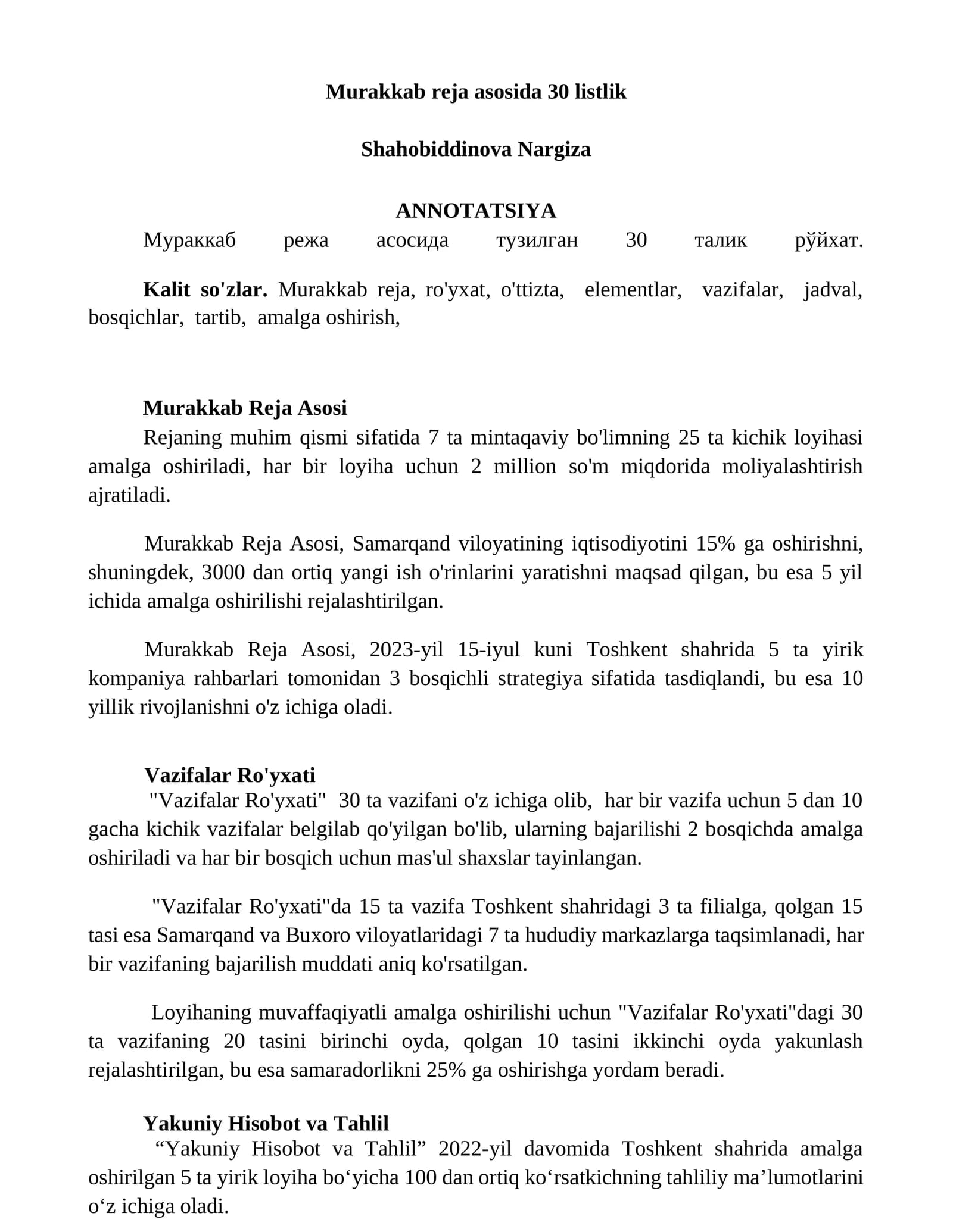 Murakkab reja asosida 30 listlik