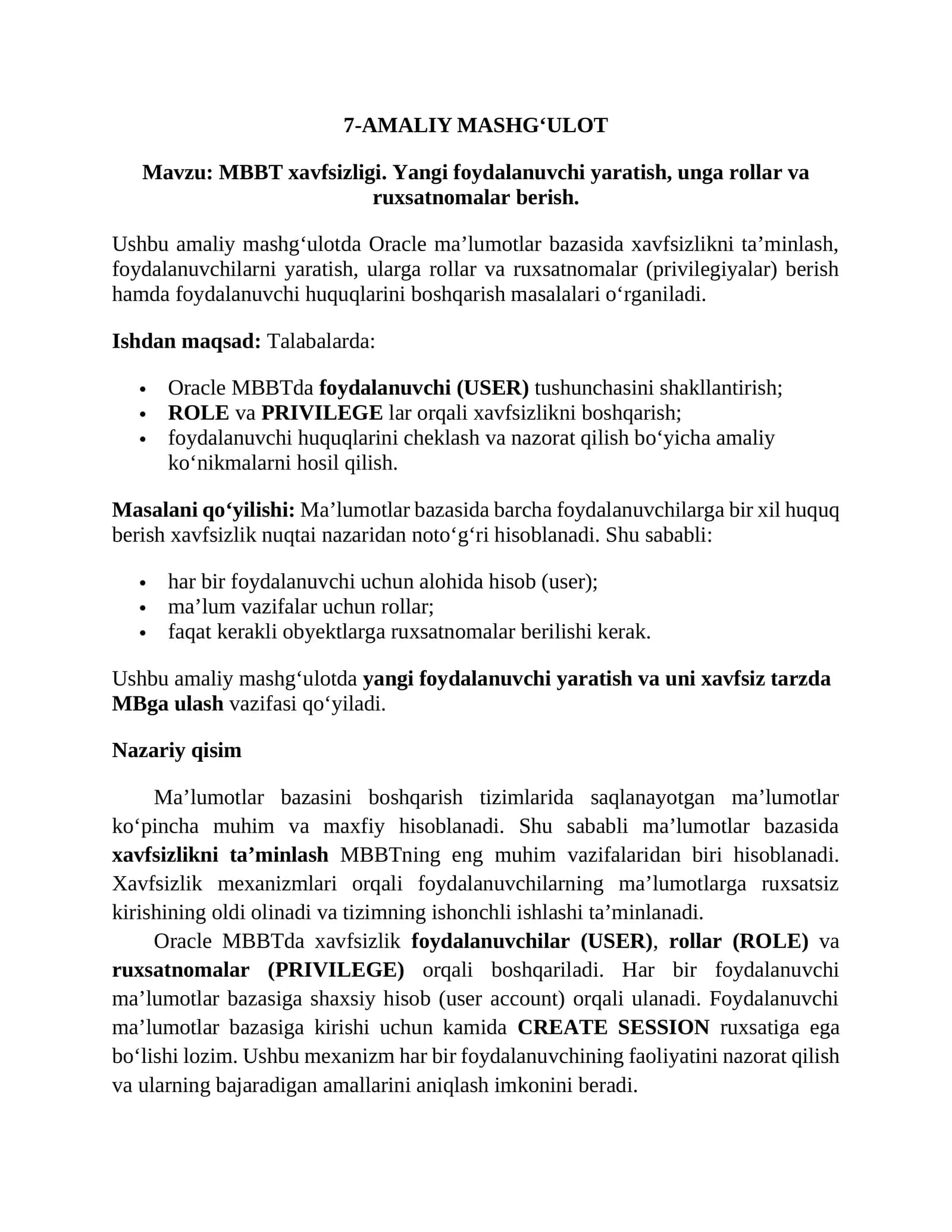 MBBT xavfsizligi. Yangi foydalanuvchi yaratish, unga rollar va ruxsatnomalar berish