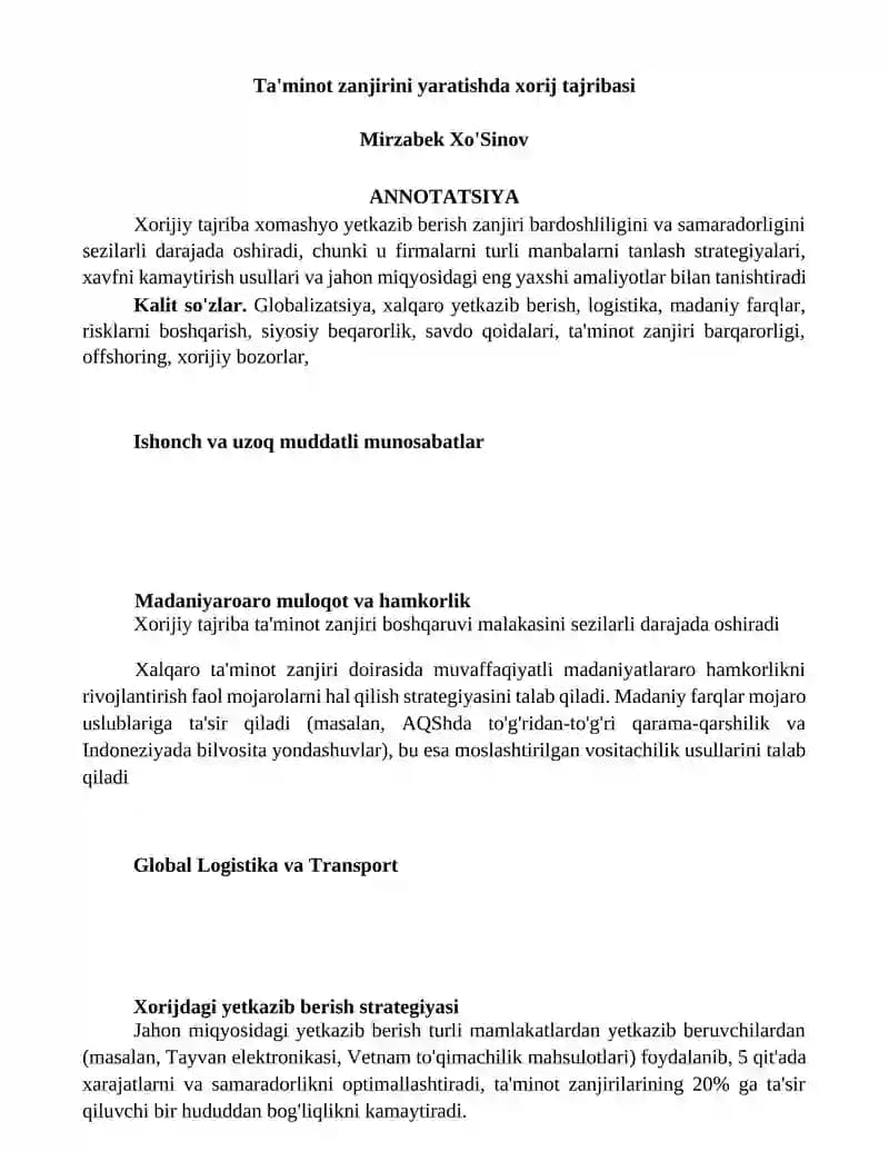 Ta'minot zanjirini yaratishda xorij tajribasi