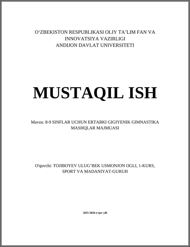8-9 SINFLAR UCHUN ERTABKI GIGIYENIK GIMNASTIKA MASHQLAR MAJMUASI