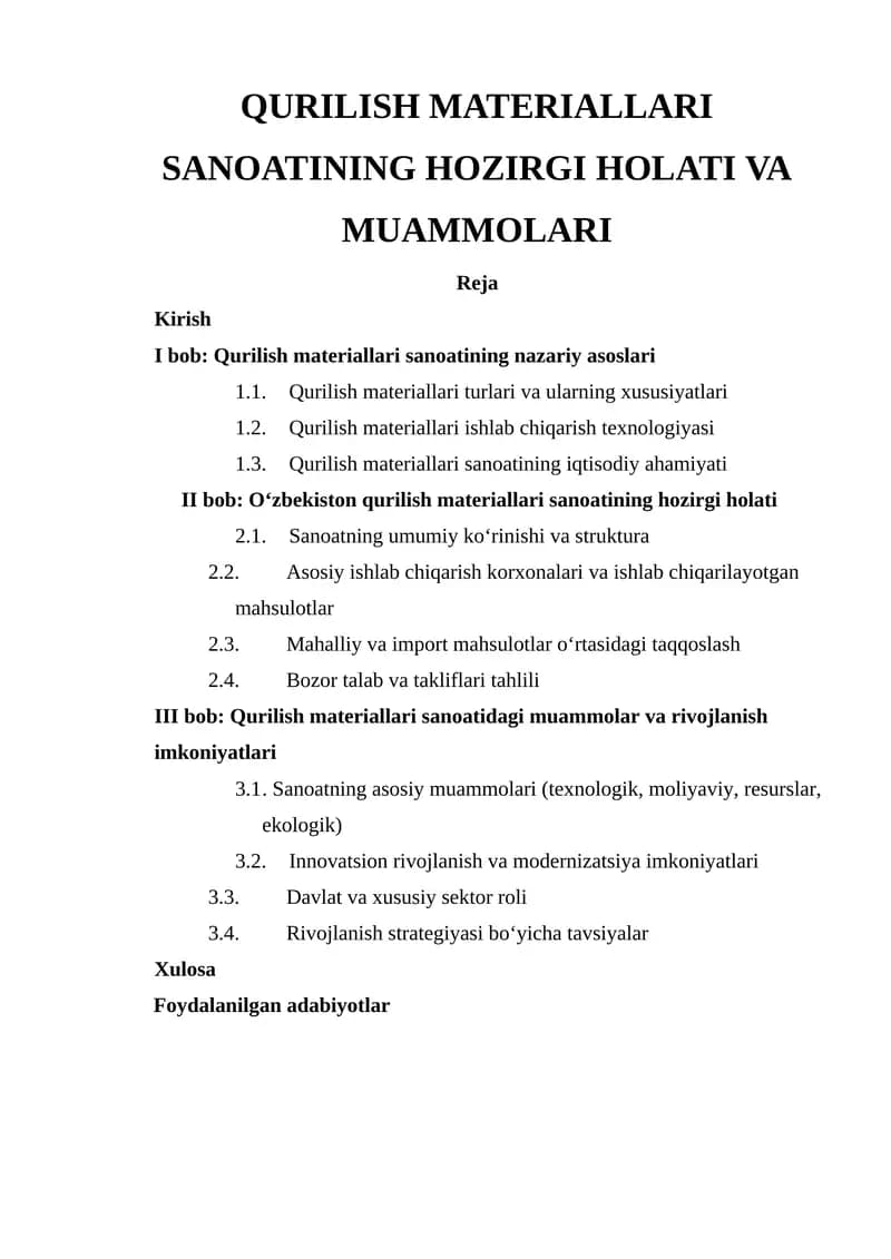 Qurilish Materiallari Sanoating Holati va Muammonlari