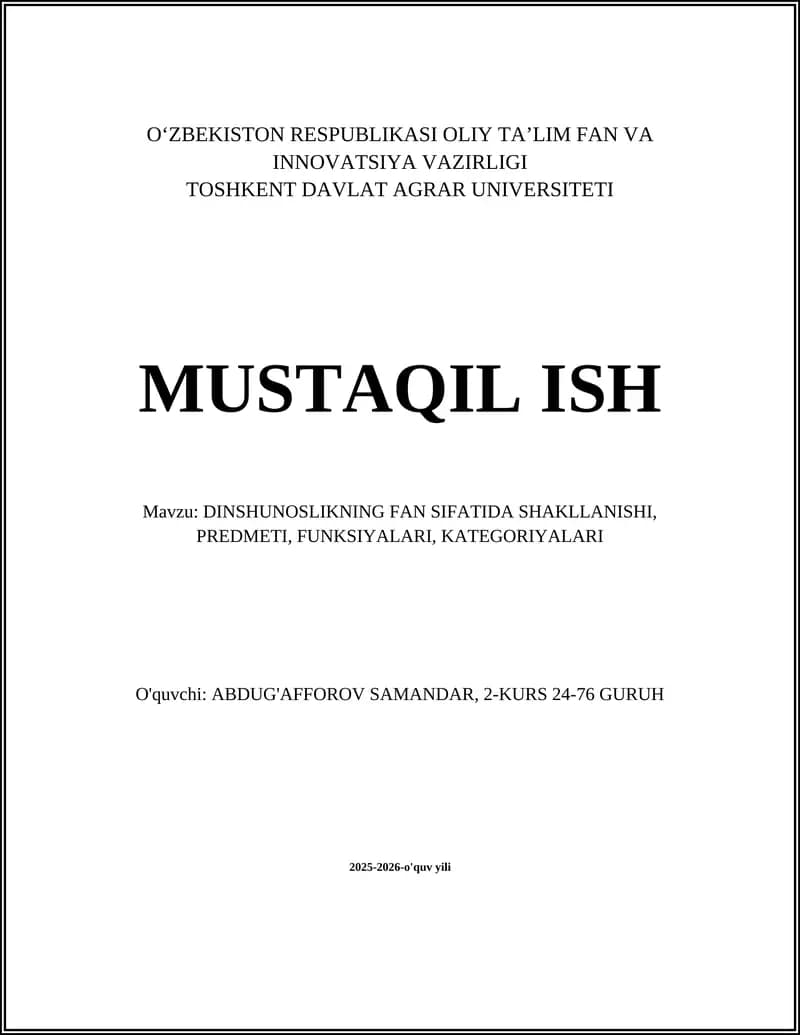 DINSHUNOSLIKNING FAN SIFATIDA SHAKLLANISHI, PREDMETI, FUNKSIYALARI, KATEGORIYALARI