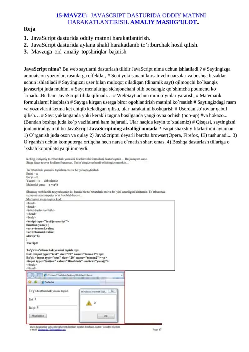 JavaScript dasturida oddiy matnni harakatlantirish