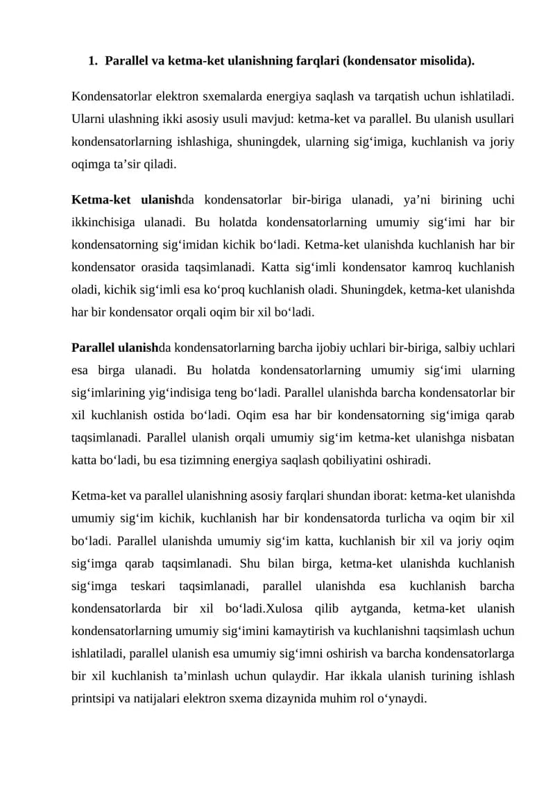 Ketma-ket va parallel ulanishning farqlari