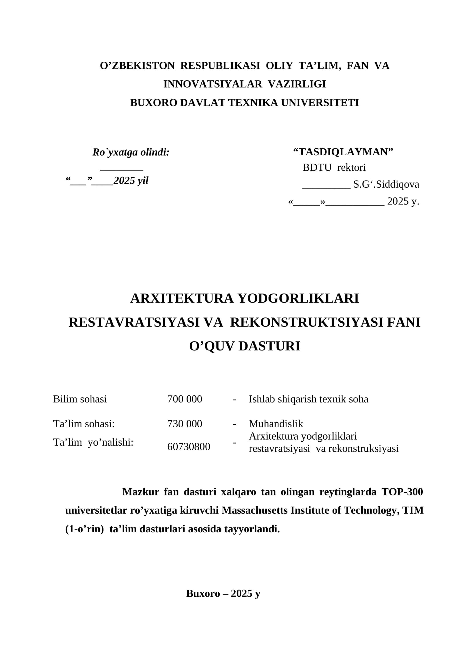 ARXITEKTURA YODGORLIKLARI RESTAVRATSIYASI VA REKONSTRUKTSIYASI FANI O’QUV DASTURI