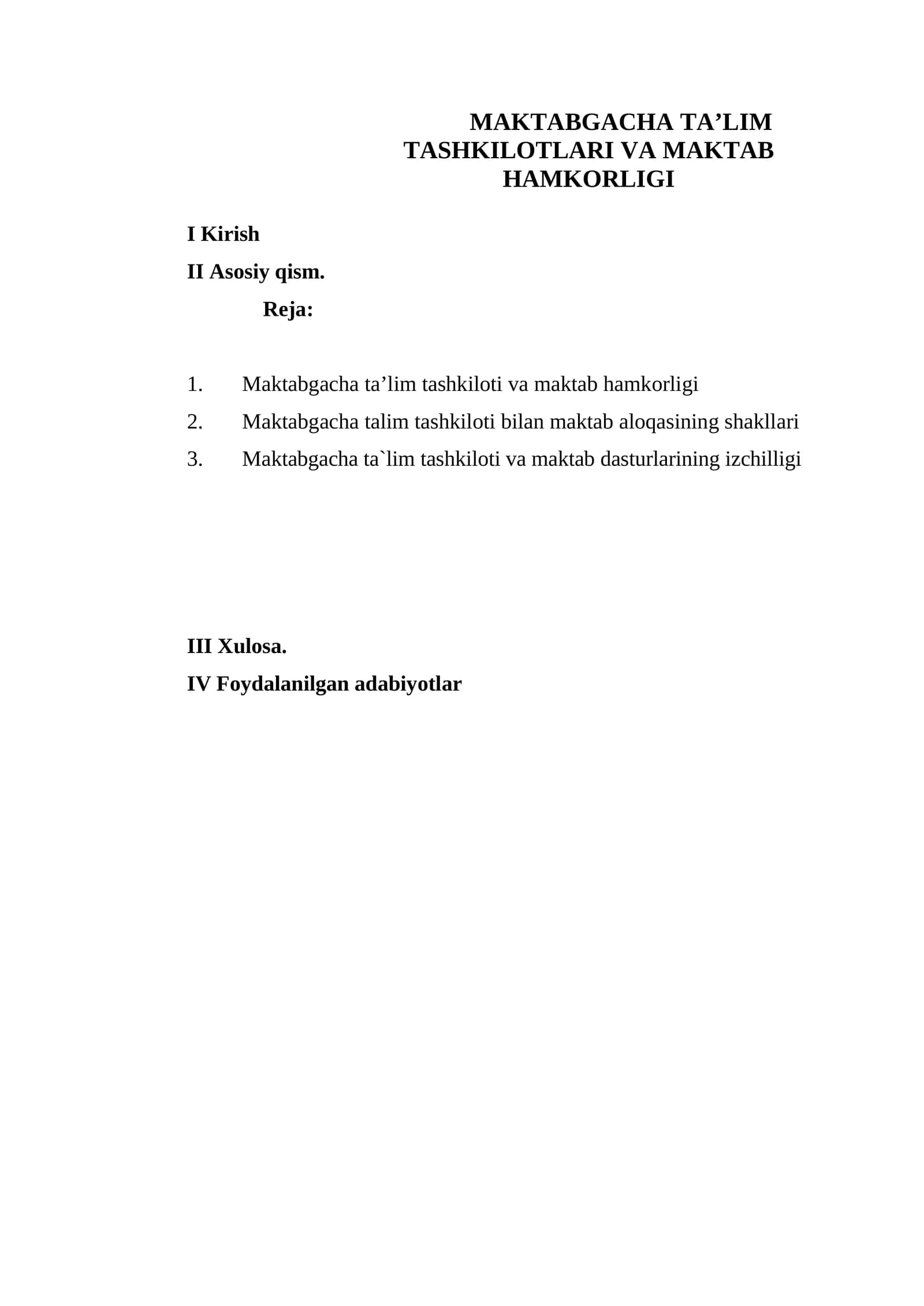 MAKTABGACHA TA’LIM TASHKILOTLARI VA MAKTAB HAMKORLIGI