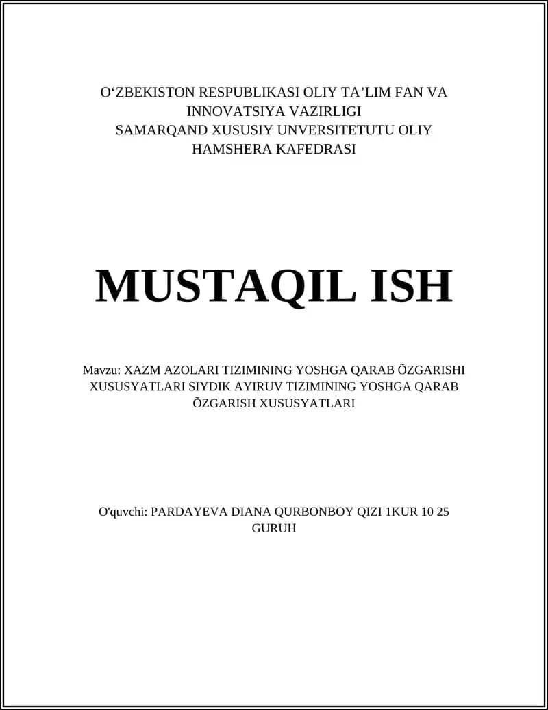 Xazm Azolari Tizimining Yoshga Qarab O'zgarishi Xususyatları