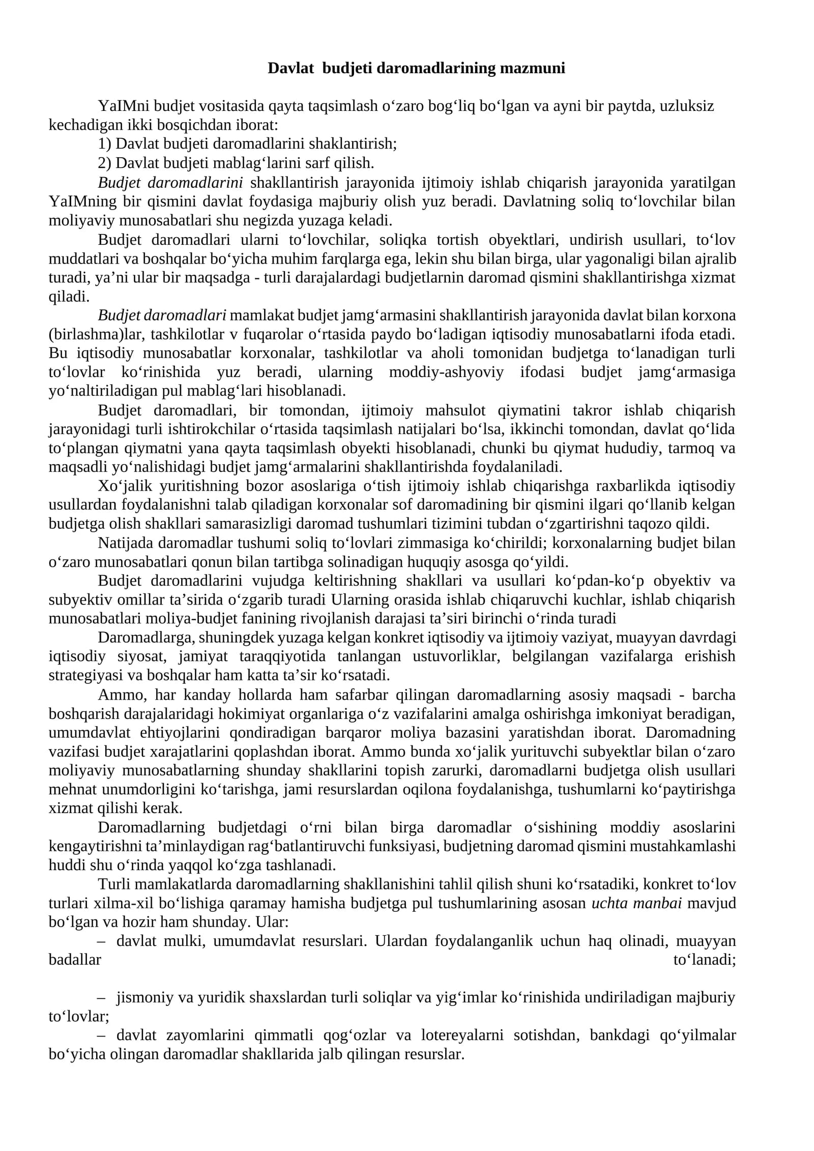 Davlat budjeti daromadlarining mazmuni