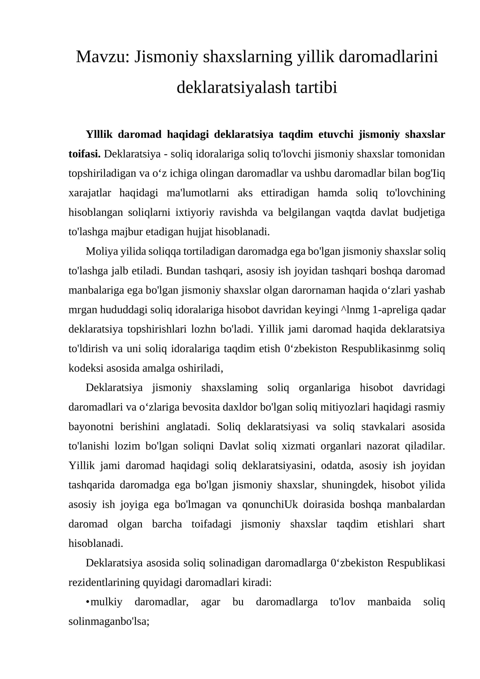 Jismoniy shaxslarning yillik daromadlarini deklaratsiyalash tartibi