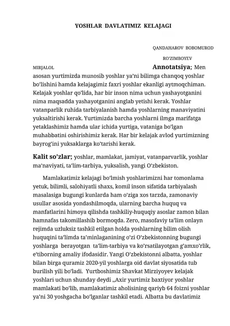 YOSHLAR DAVLATIMIZ KELAJAGI
