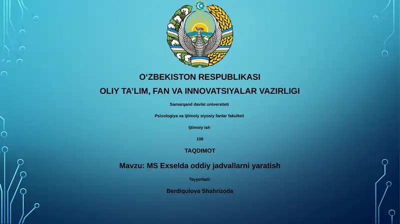 MS Exselda oddiy jadvallarni yaratish