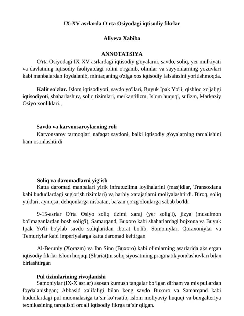 O'rta Osiyodagi iqtisodiy fikrlar