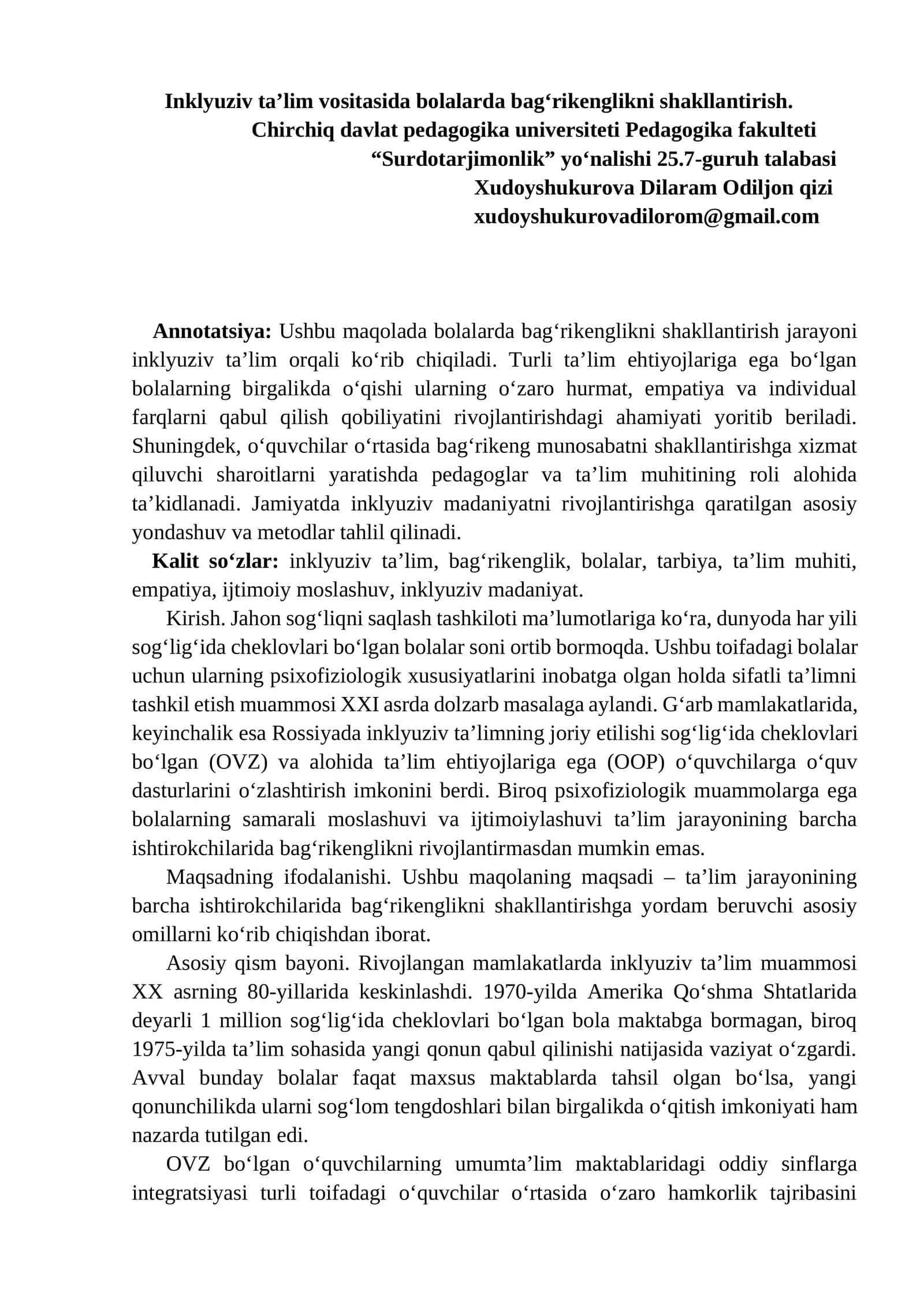 Bolalarda bag‘rikenglikni shakllantirish
