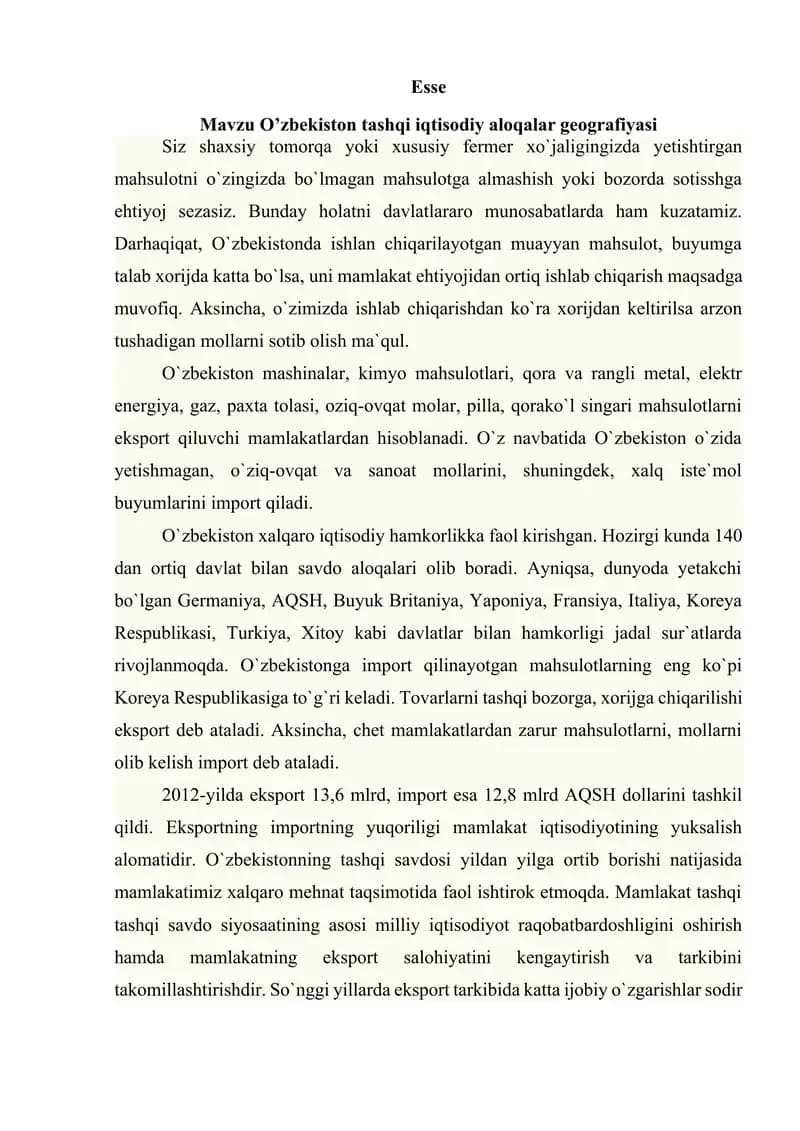 Oʻzbekistonning tashqi iqtisdiy aloqalari mavzusida essay