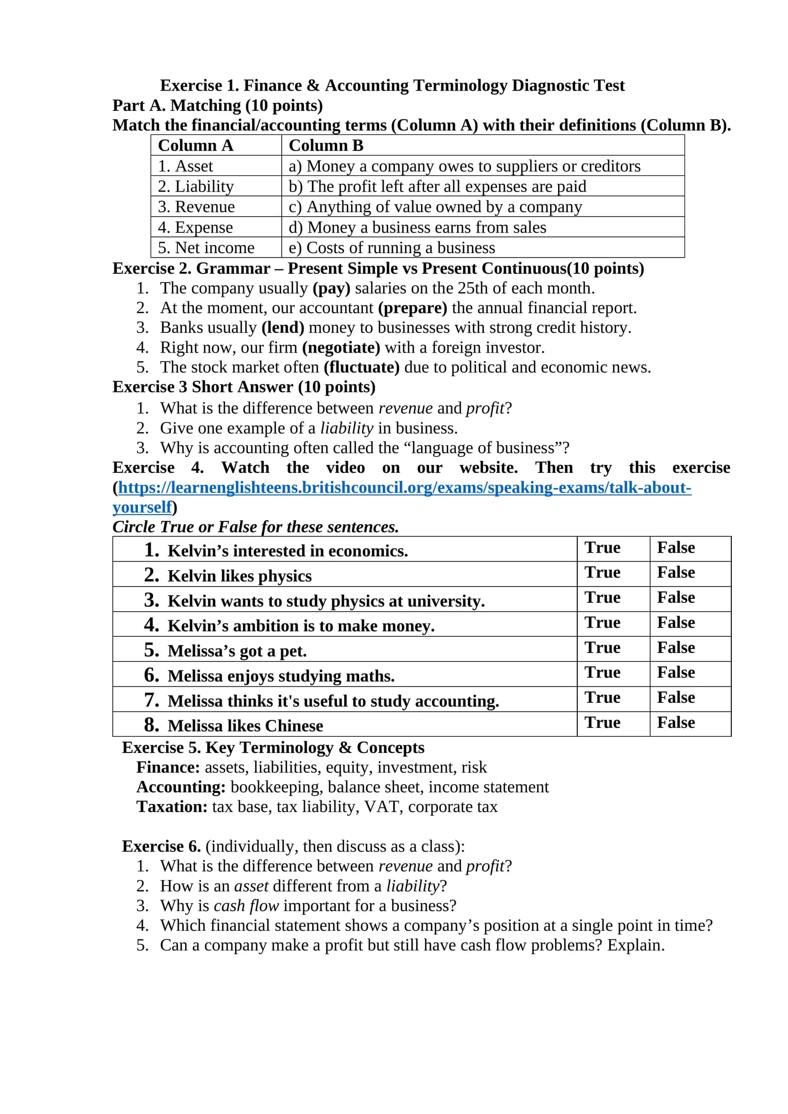 Finance & Accounting Terminology Diagnostic Test